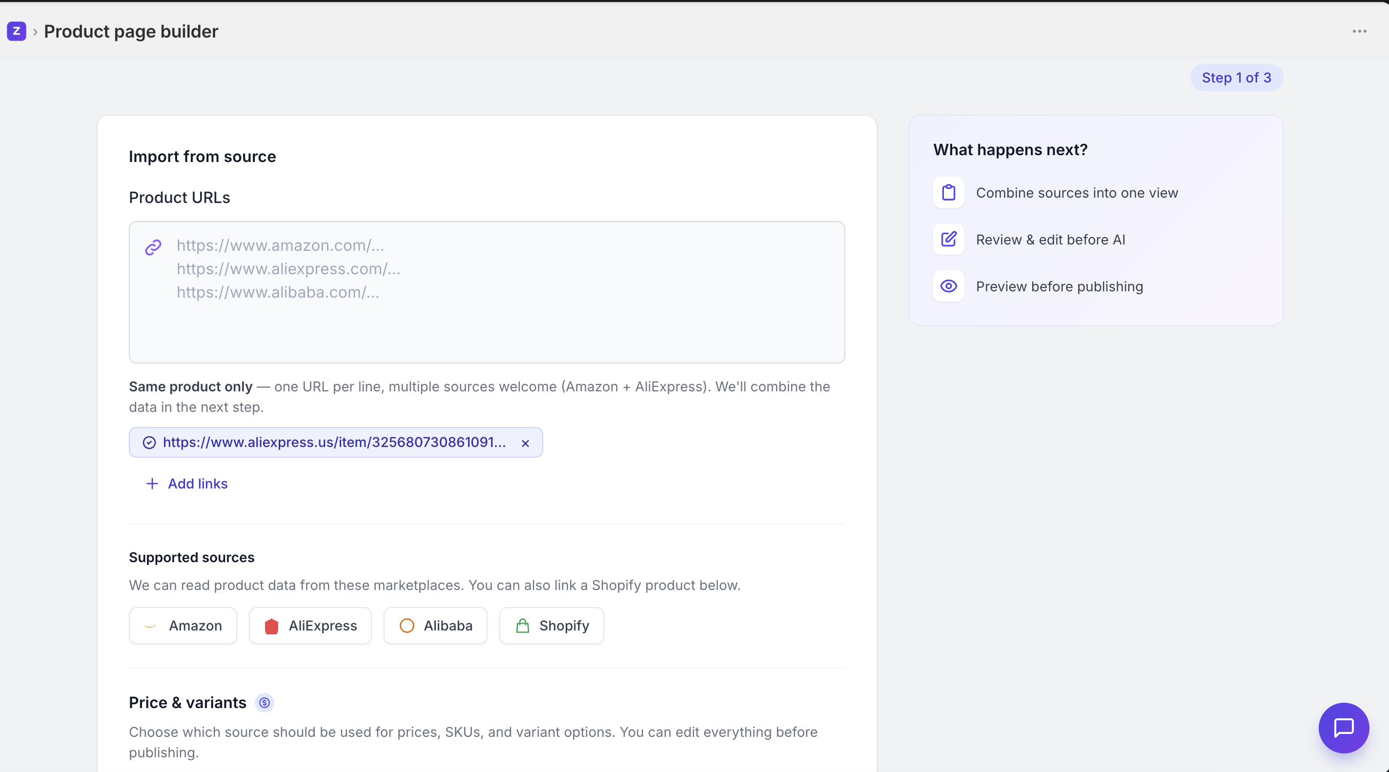 Import from source with URL input, source chip, and supported sources