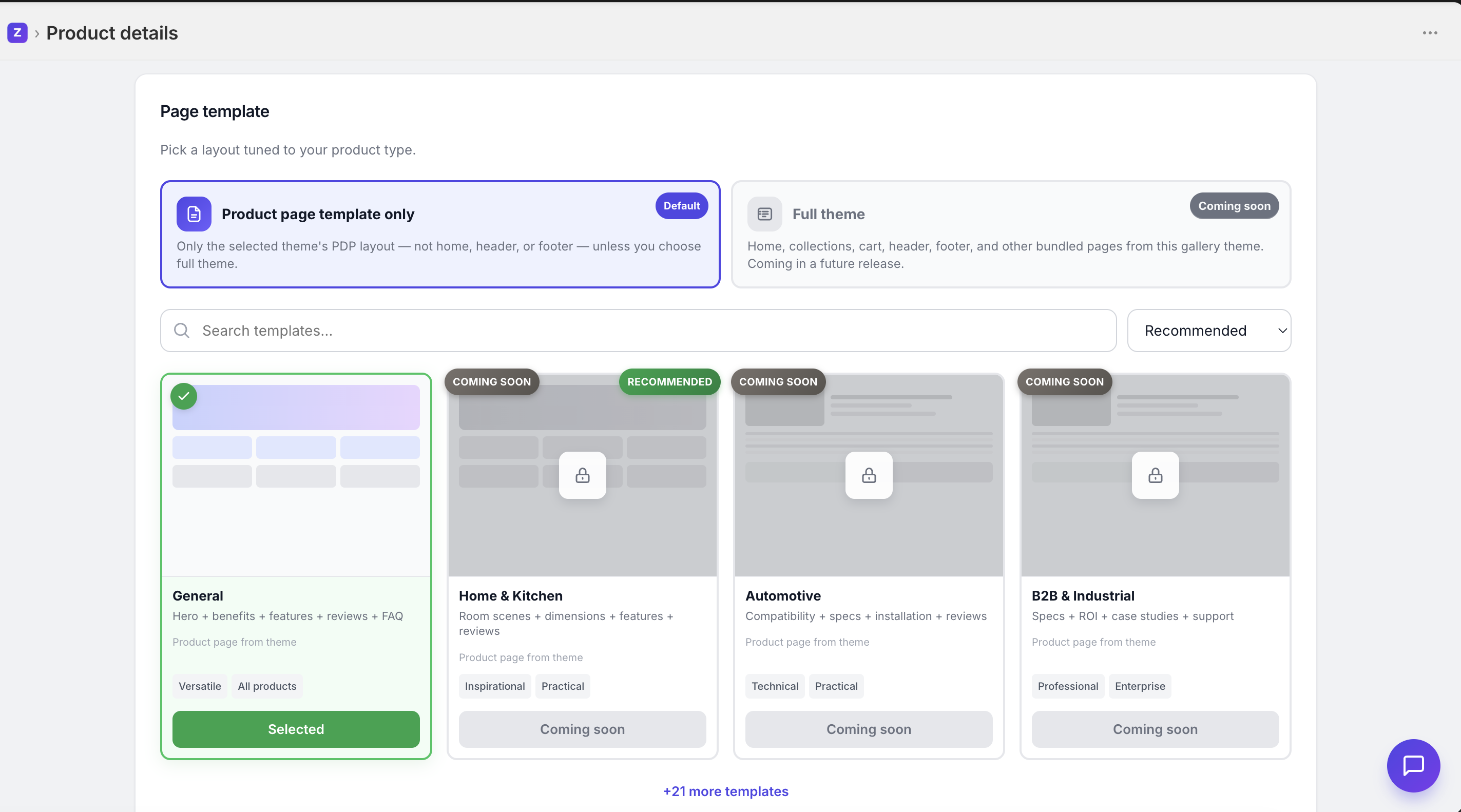 Template picker with all template cards visible