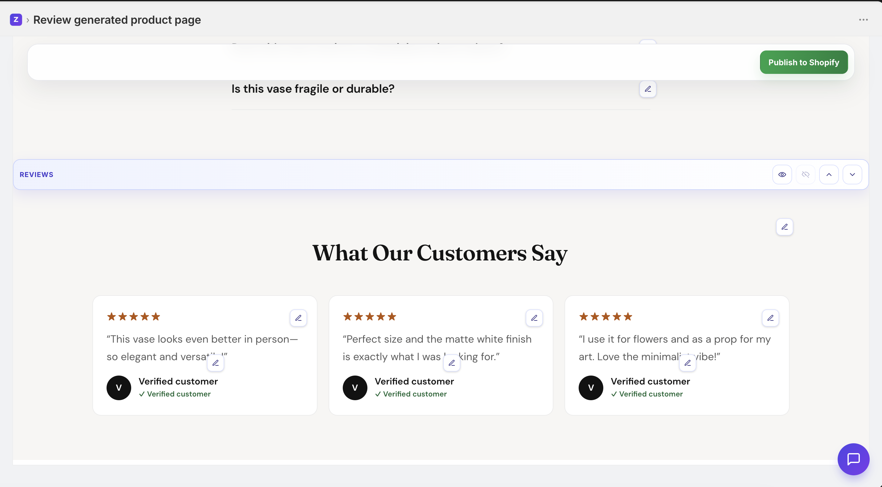 Product page reviews section preview